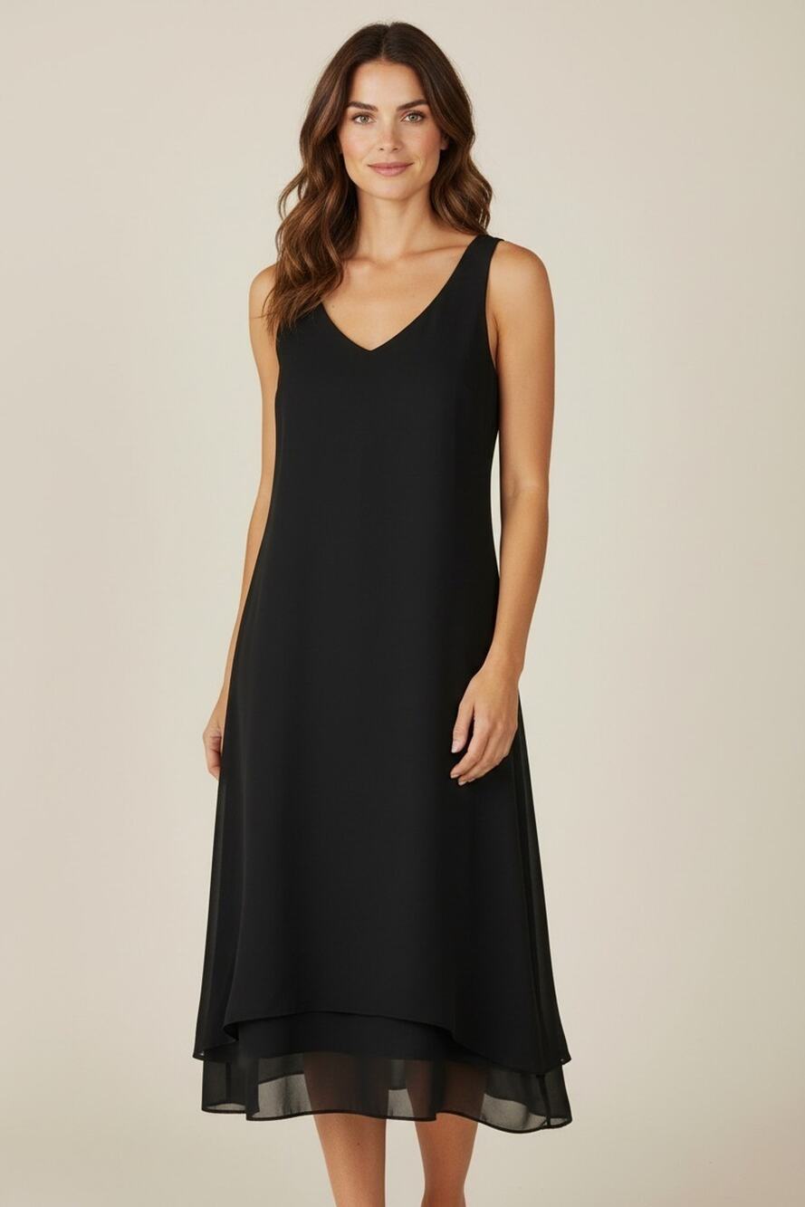 A7 Auth EILEEN FISHER Black Silk V Neckline Sleeveless Midi Dress Size M